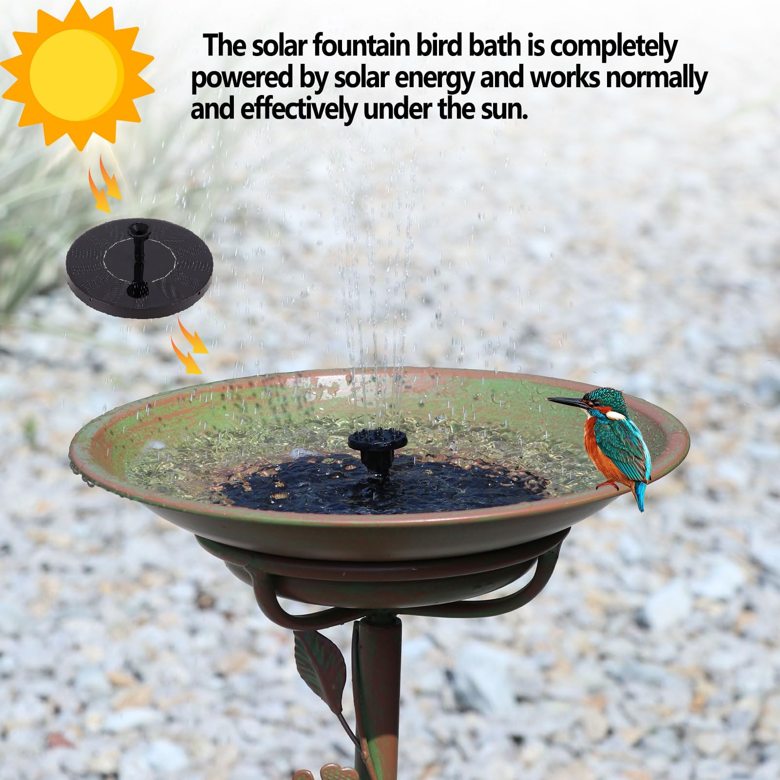 Solar fountain feature of MNRYLKB bird bath in sunlight