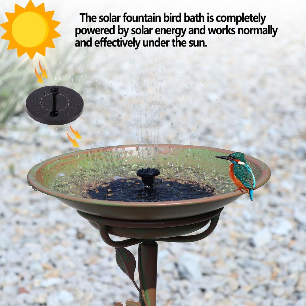 Solar fountain feature of MNRYLKB bird bath in sunlight
