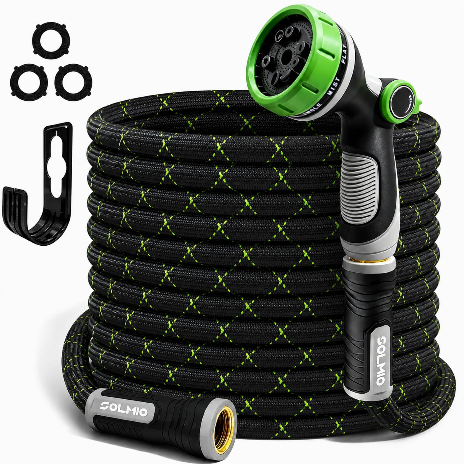 SOLMIO 25FT lightweight garden hose in green with ergonomic spray nozzle