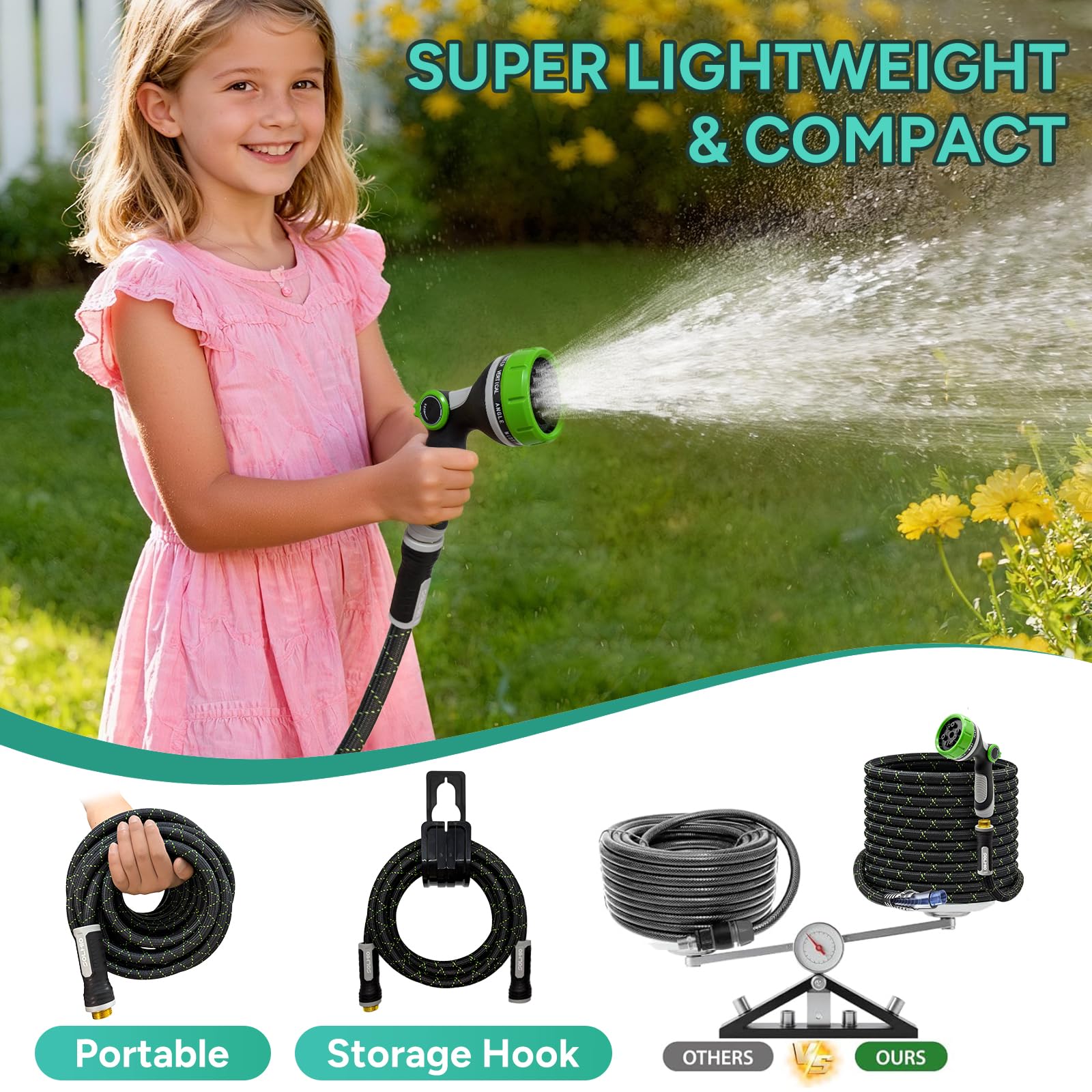 SOLMIO lightweight garden hose displayed with rubber O-rings and user manual