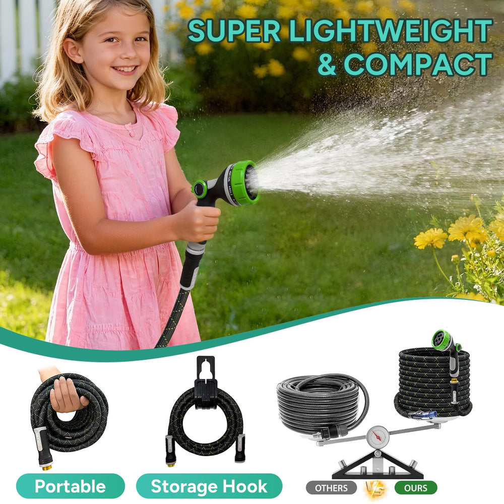 SOLMIO lightweight garden hose displayed with rubber O-rings and user manual