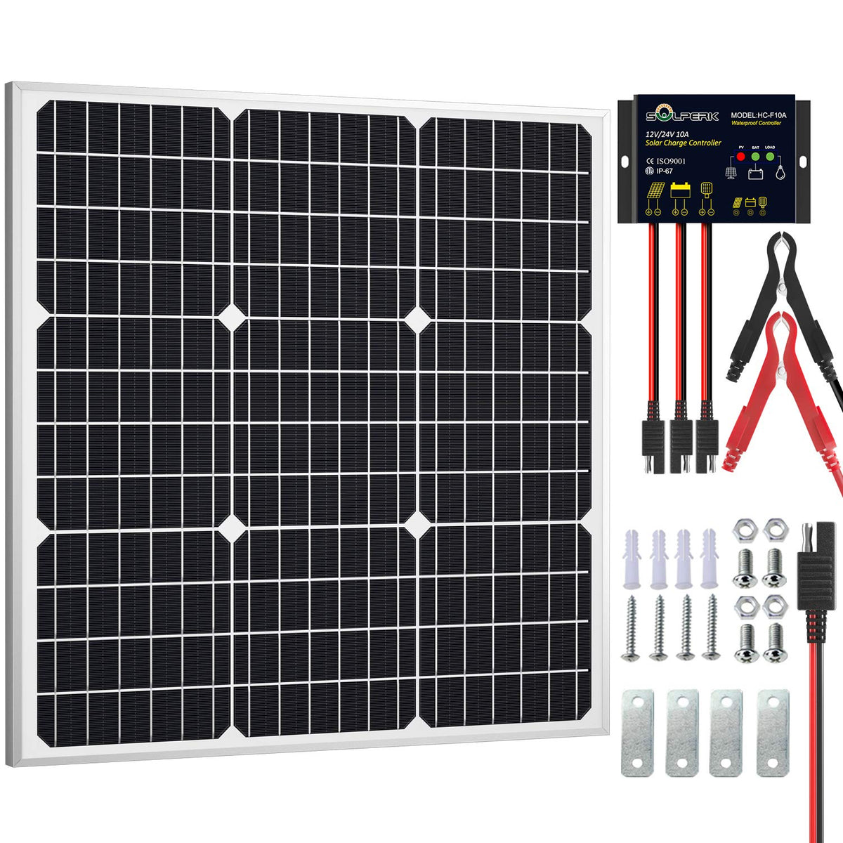 SOLPERK 50W solar panel front view with black finish