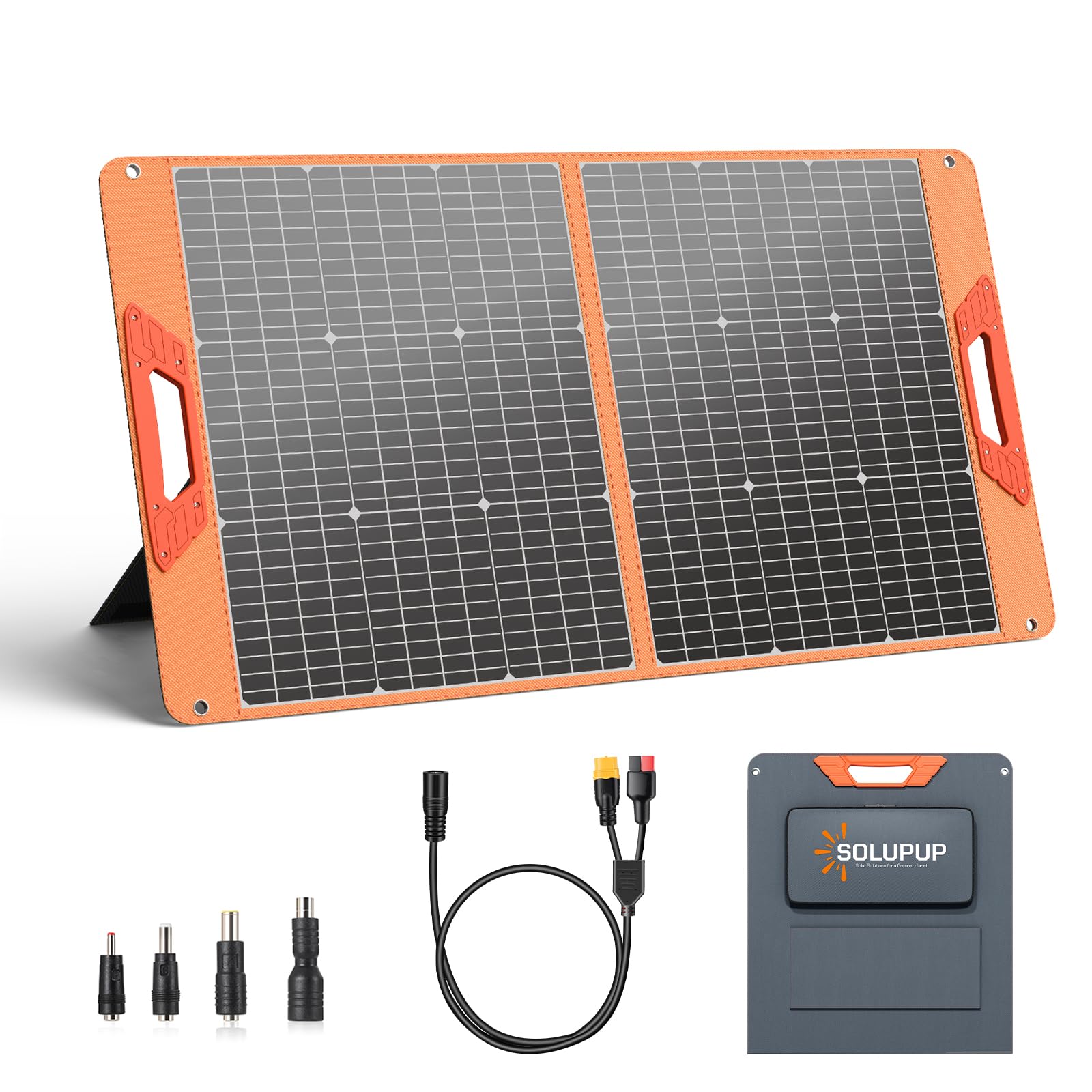 SOLUPUP 100W Portable Solar Panel front view with orange finish