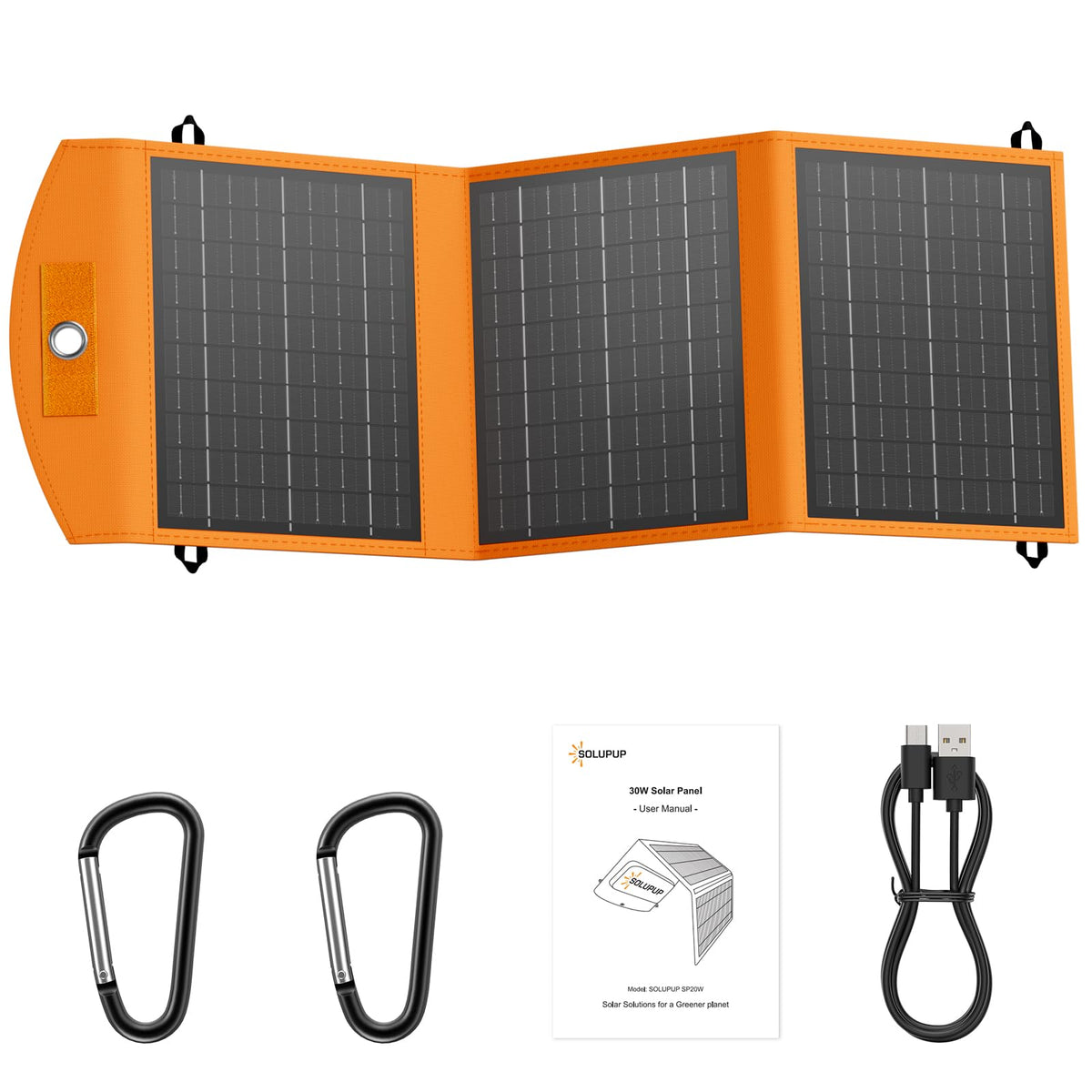 SOLUPUP 30W Portable Solar Charger front view with USB ports