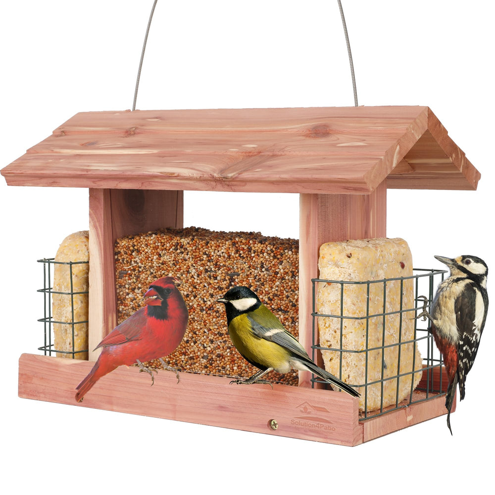 Solution4Patio Cedar Hopper Bird Feeder front view with tray