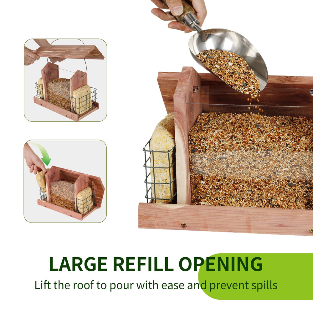 Solution4Patio Cedar Hopper Bird Feeder in a garden setting