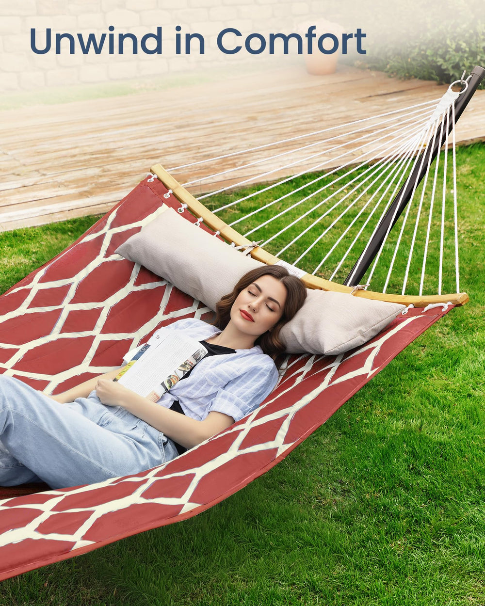 SONGMICS double hammock set up in a garden