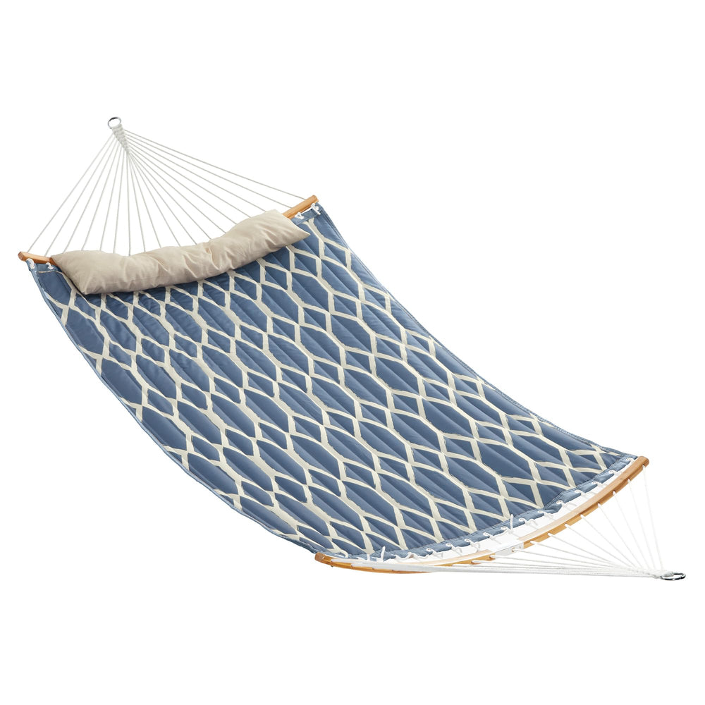 SONGMICS Quilted Double Hammock blue model front view with pillow