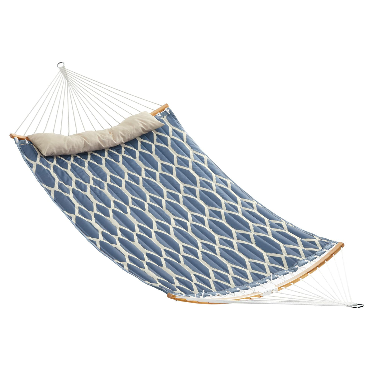 SONGMICS Quilted Double Hammock blue model front view with pillow