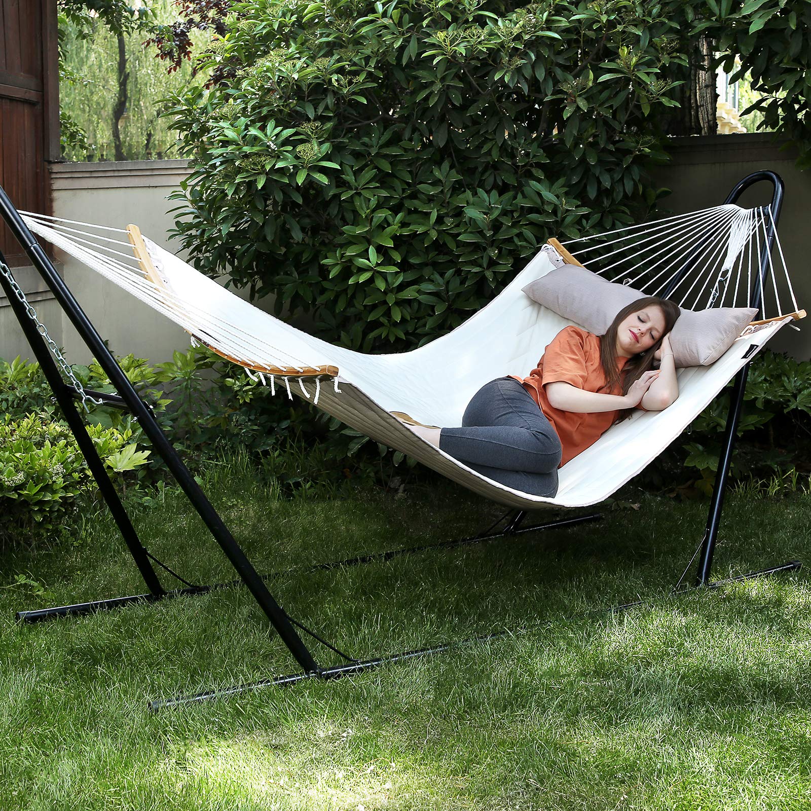SONGMICS Quilted Double Hammock set up in a garden