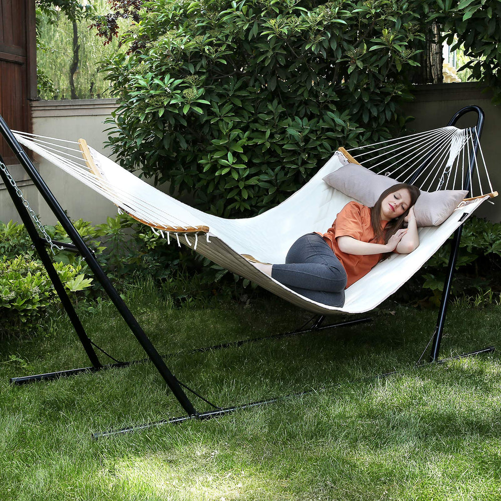 SONGMICS Quilted Double Hammock set up in a garden