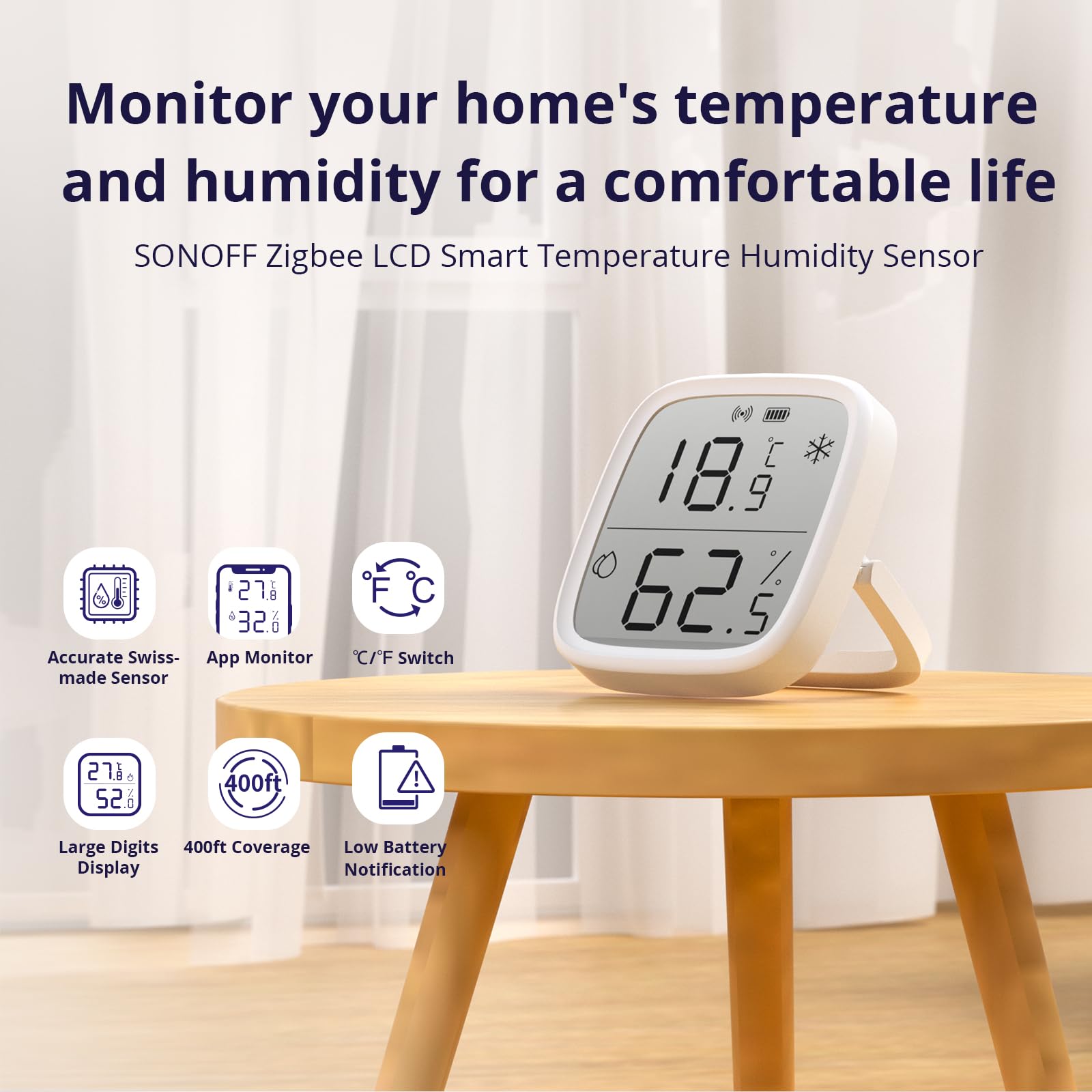 SONOFF SNZB-02D LCD display showing temperature and humidity