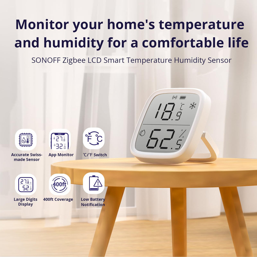SONOFF SNZB-02D LCD display showing temperature and humidity