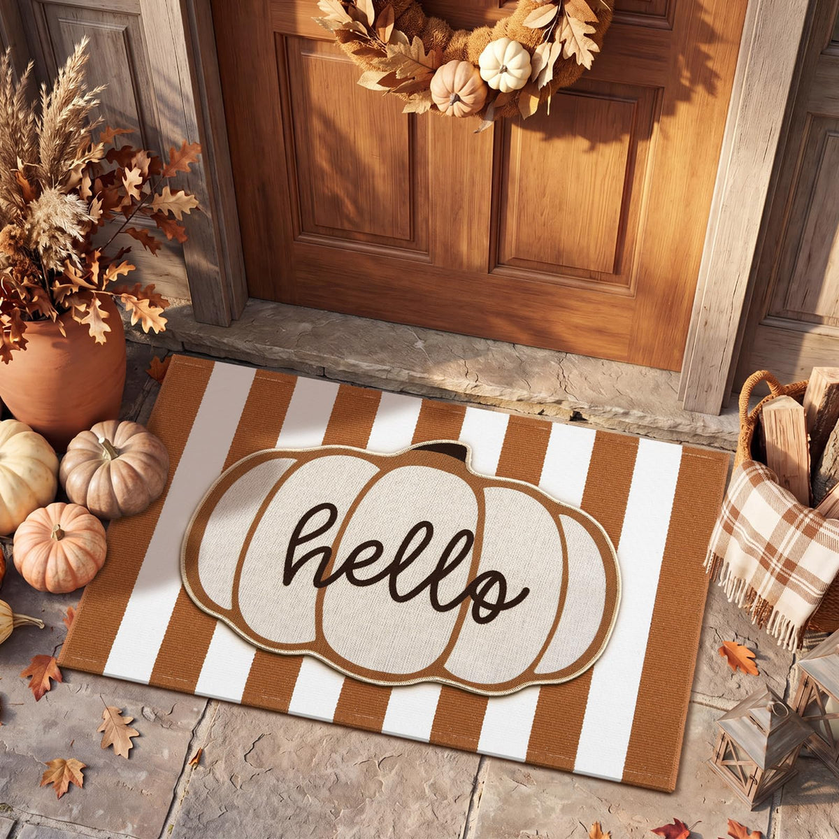 Sonwyoung 24-inch x 36-inch Fall Pumpkin Layered Doormat Set front view