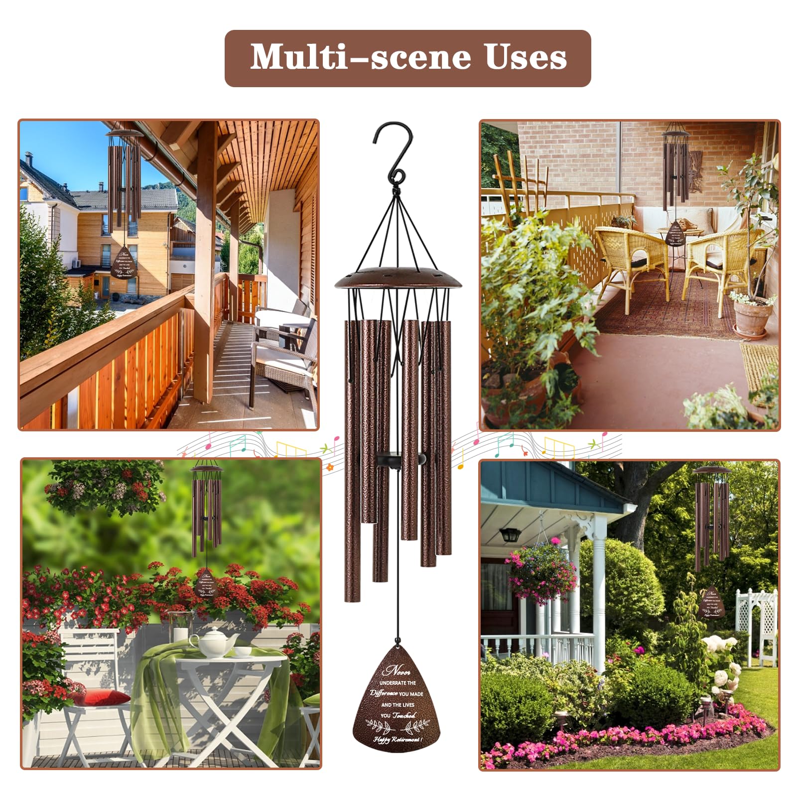 Soopau wind chimes in a backyard with flowers nearby