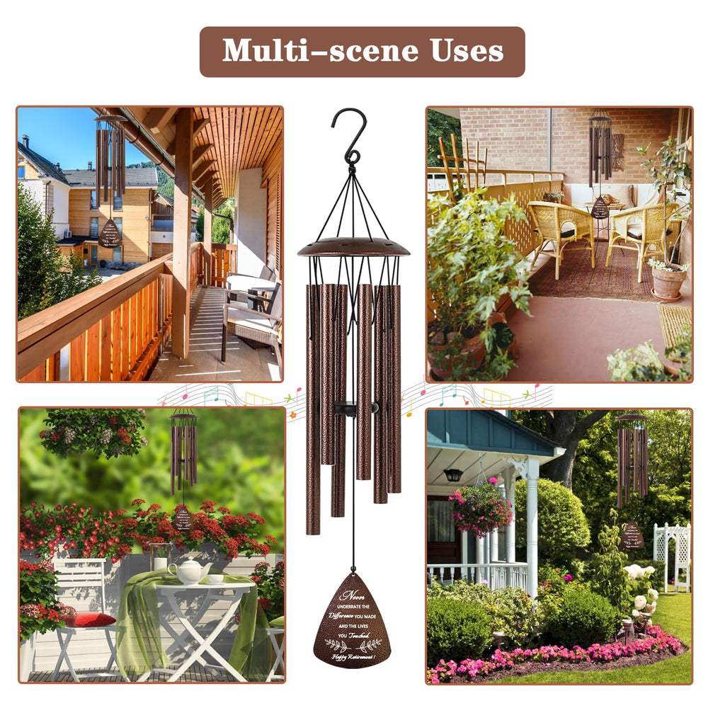 Soopau wind chimes in a backyard with flowers nearby