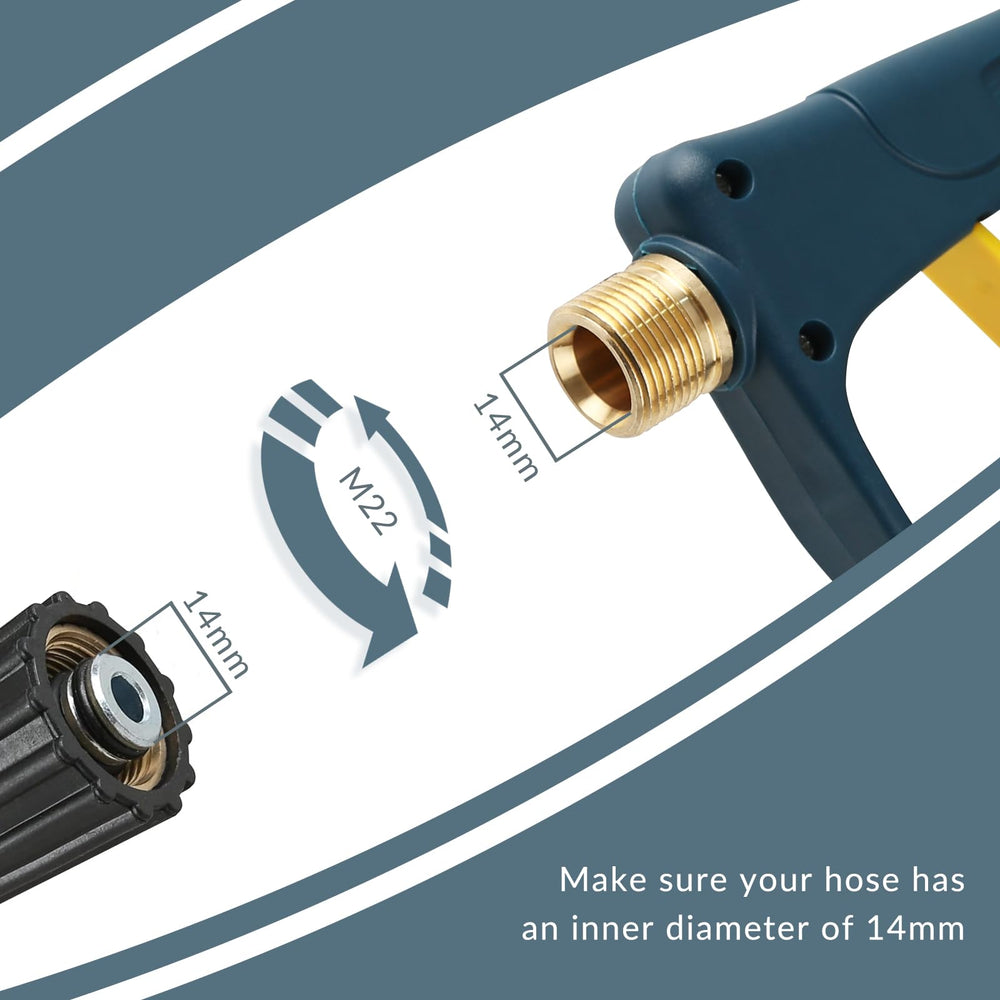 Sooprinse High Pressure Washer Gun side view showing the M22-14 inlet fitting