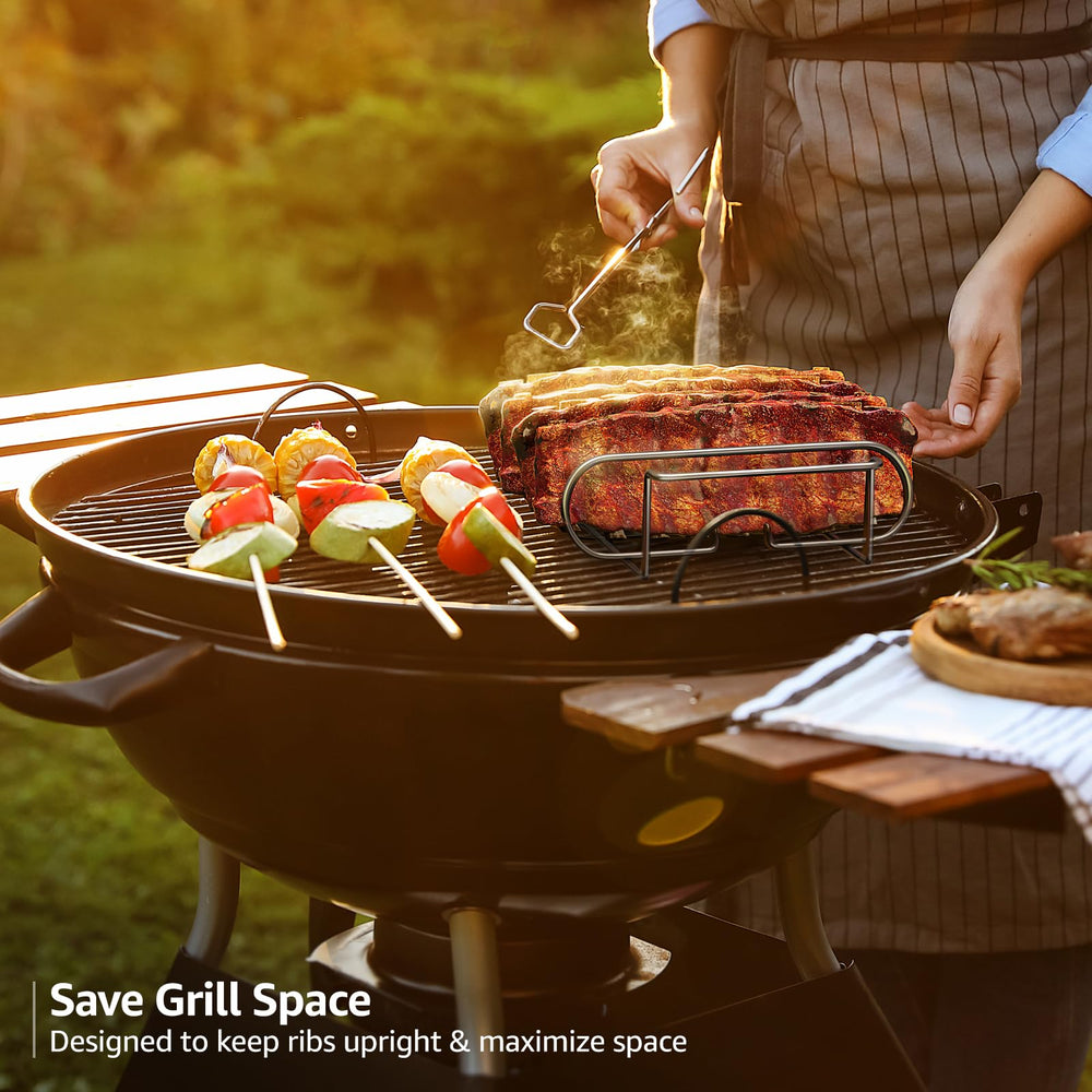 Sorbus Rib Rack holding multiple ribs on a grill