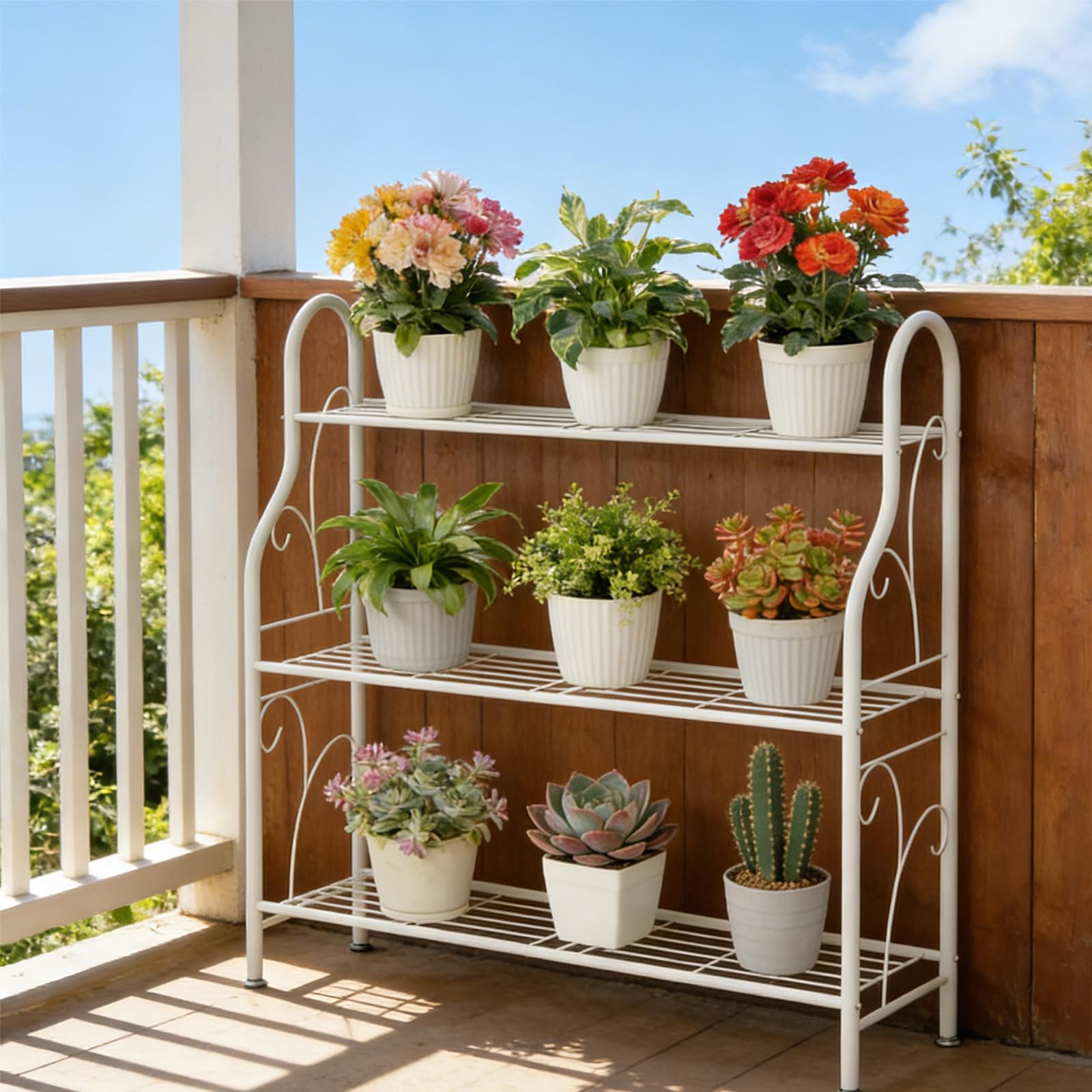 SORCEDAS 3 Tier Plant Stand side view with plants