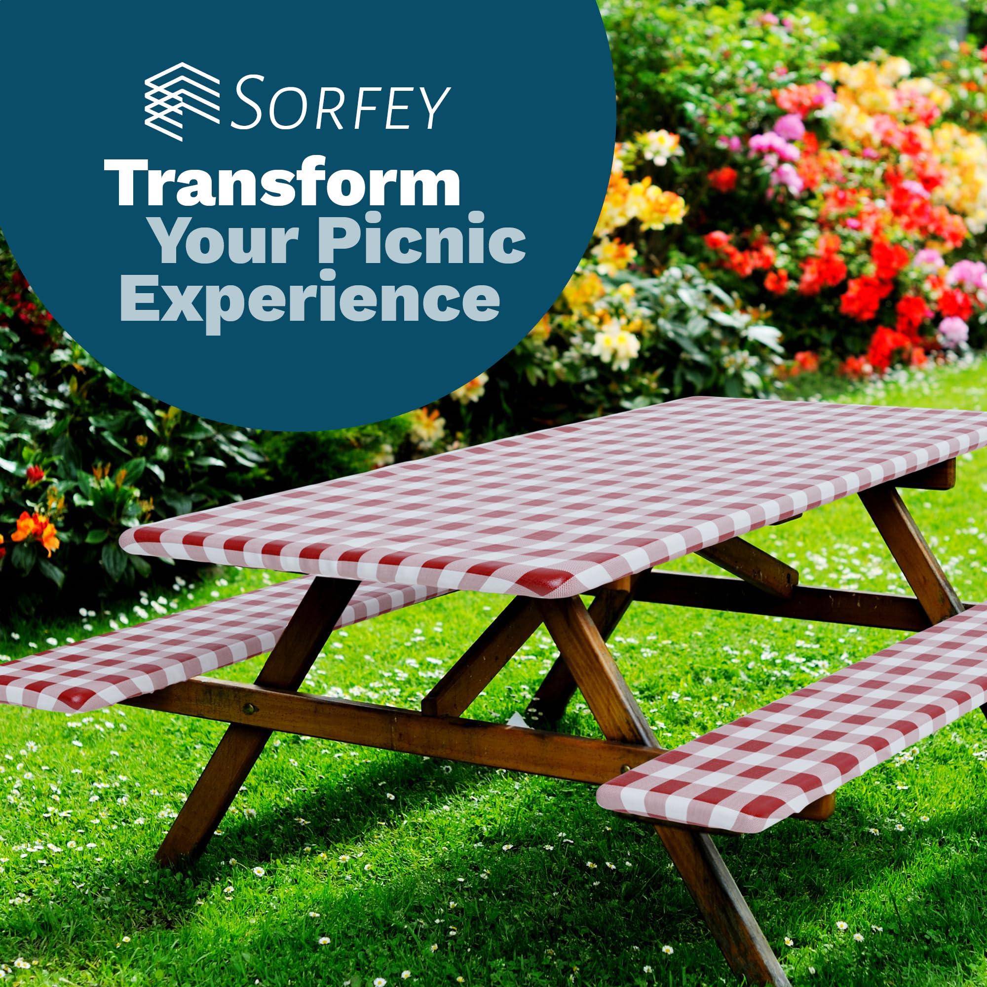 Sorfey Picnic Table Cover in a garden setting