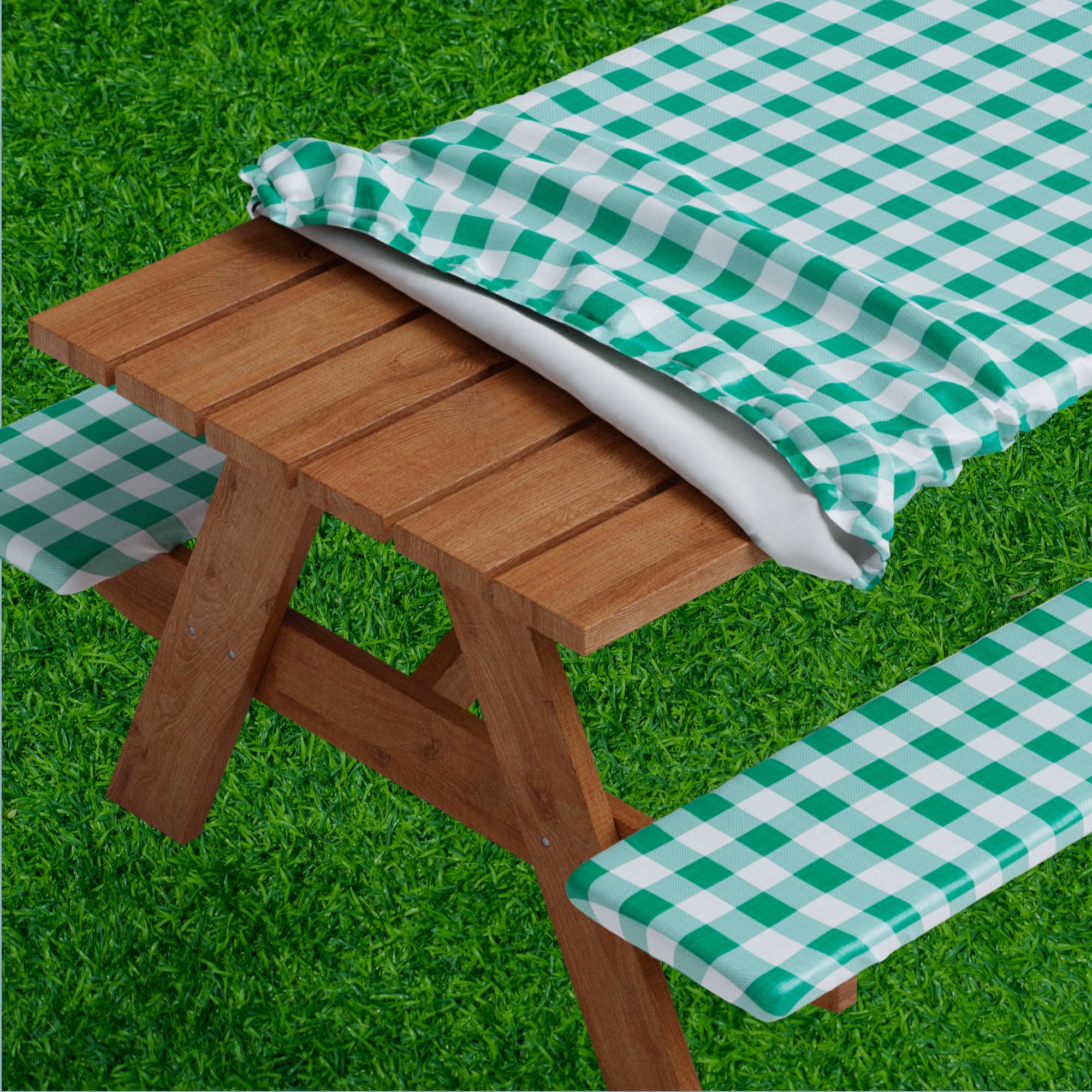 Sorfey Picnic Table Cover Set front view with checked green design