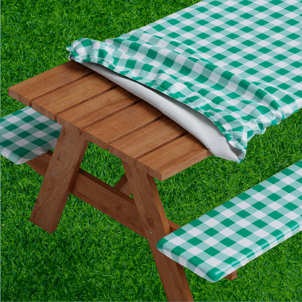Sorfey Picnic Table Cover Set front view with checked green design