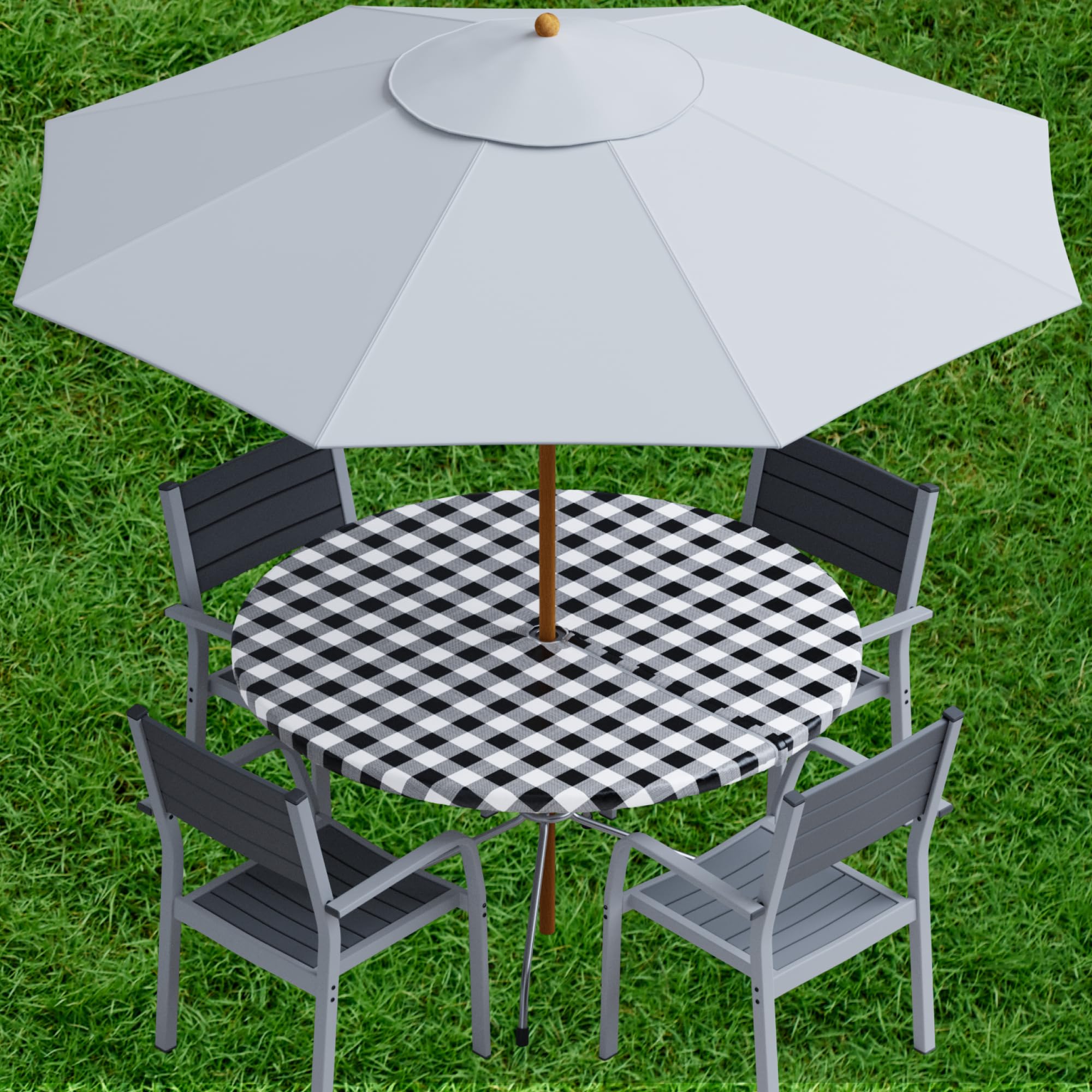 Sorfey Vinyl Umbrella Tablecloth 42" round in black, showing the umbrella hole