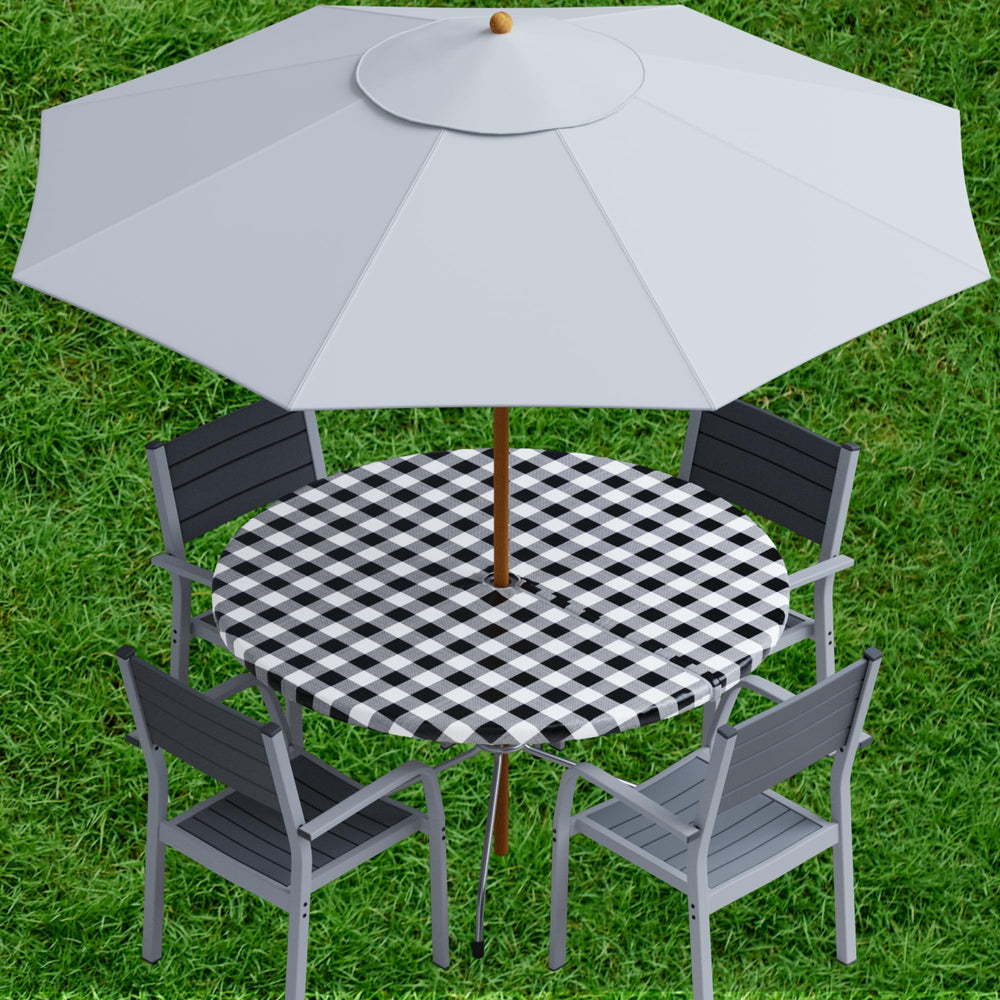 Sorfey Vinyl Umbrella Tablecloth 42" round in black, showing the umbrella hole