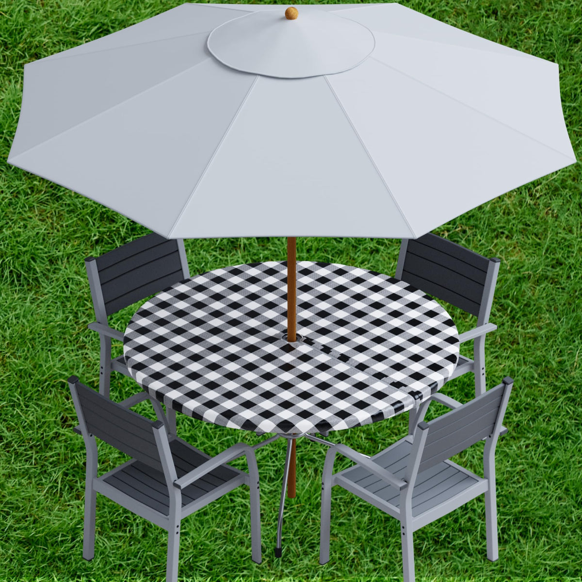 Sorfey Vinyl Umbrella Tablecloth 42" round in black, showing the umbrella hole
