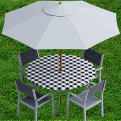 Sorfey Vinyl Umbrella Tablecloth 42" round in black, showing the umbrella hole