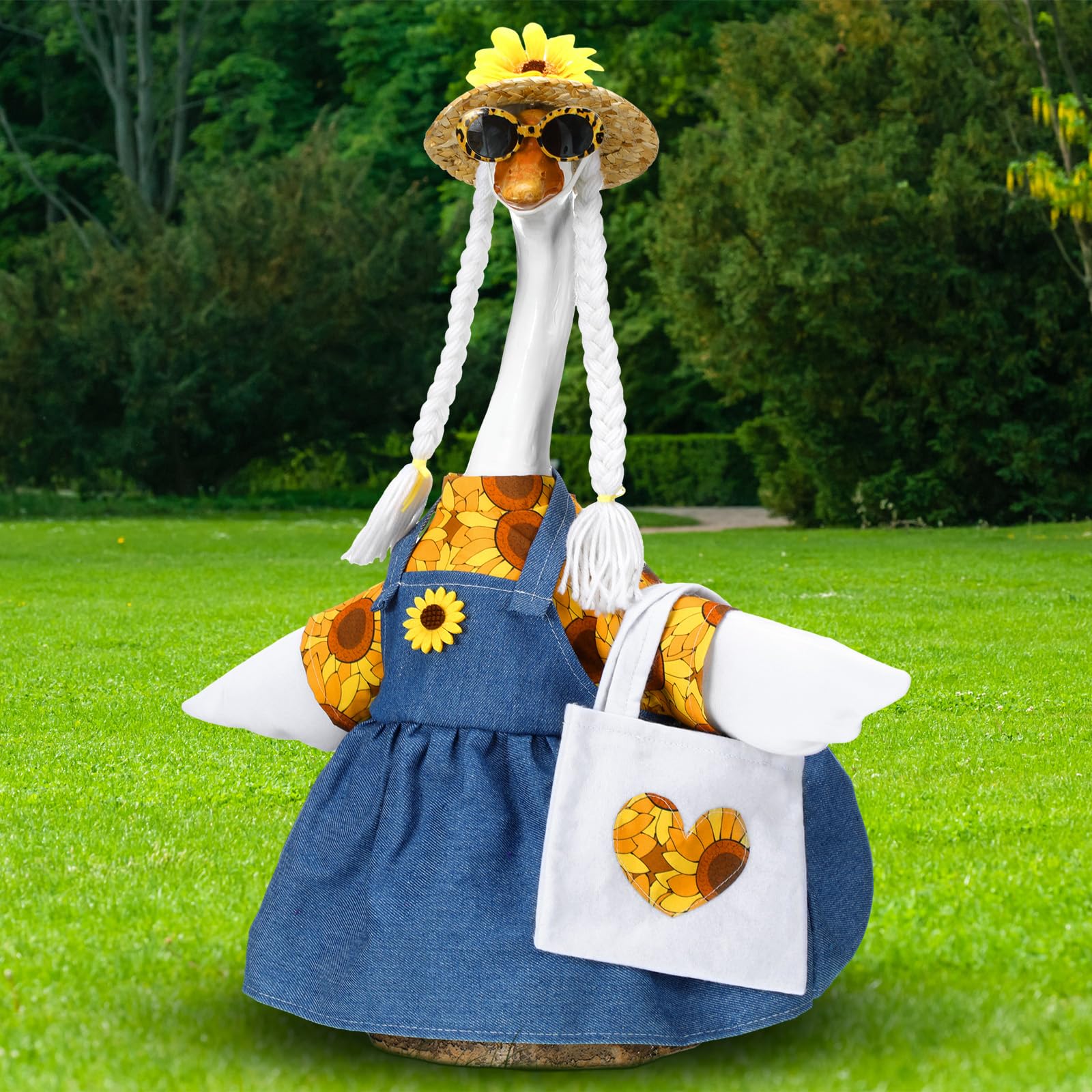 Soulchen Goose Outfit on Porch with Sunflowers