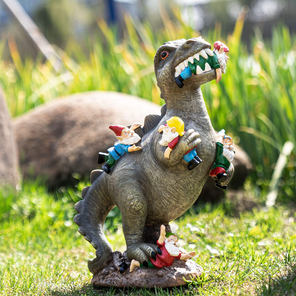 SOWSUN 14" Garden Gnome Dinosaur Statue front view