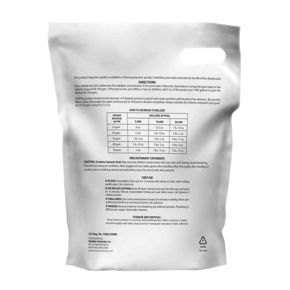 SpaChoice Pool Stabilizer packaging with cyanuric acid details