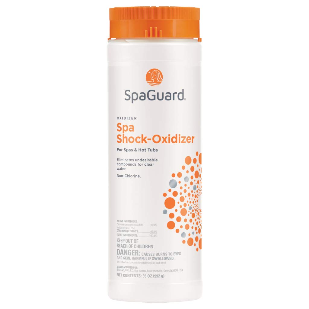 SpaGuard Spa Shock-Oxidizer packaging with white powder