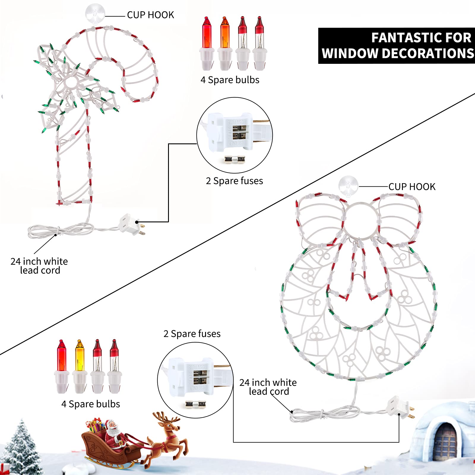 Spare bulbs and fuses included with Minetom Christmas Window Lights