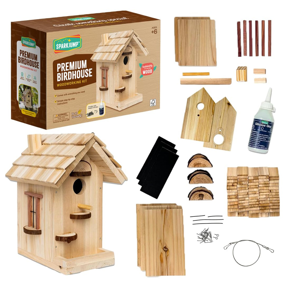 SparkJump Premium Wooden Birdhouse Kit packaging front view