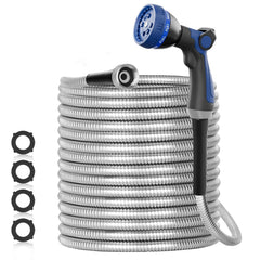 SPECILITE 100ft stainless steel garden hose with blue nozzle
