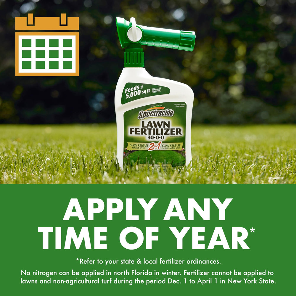 Spectracide Lawn Fertilizer bottle in garden setting