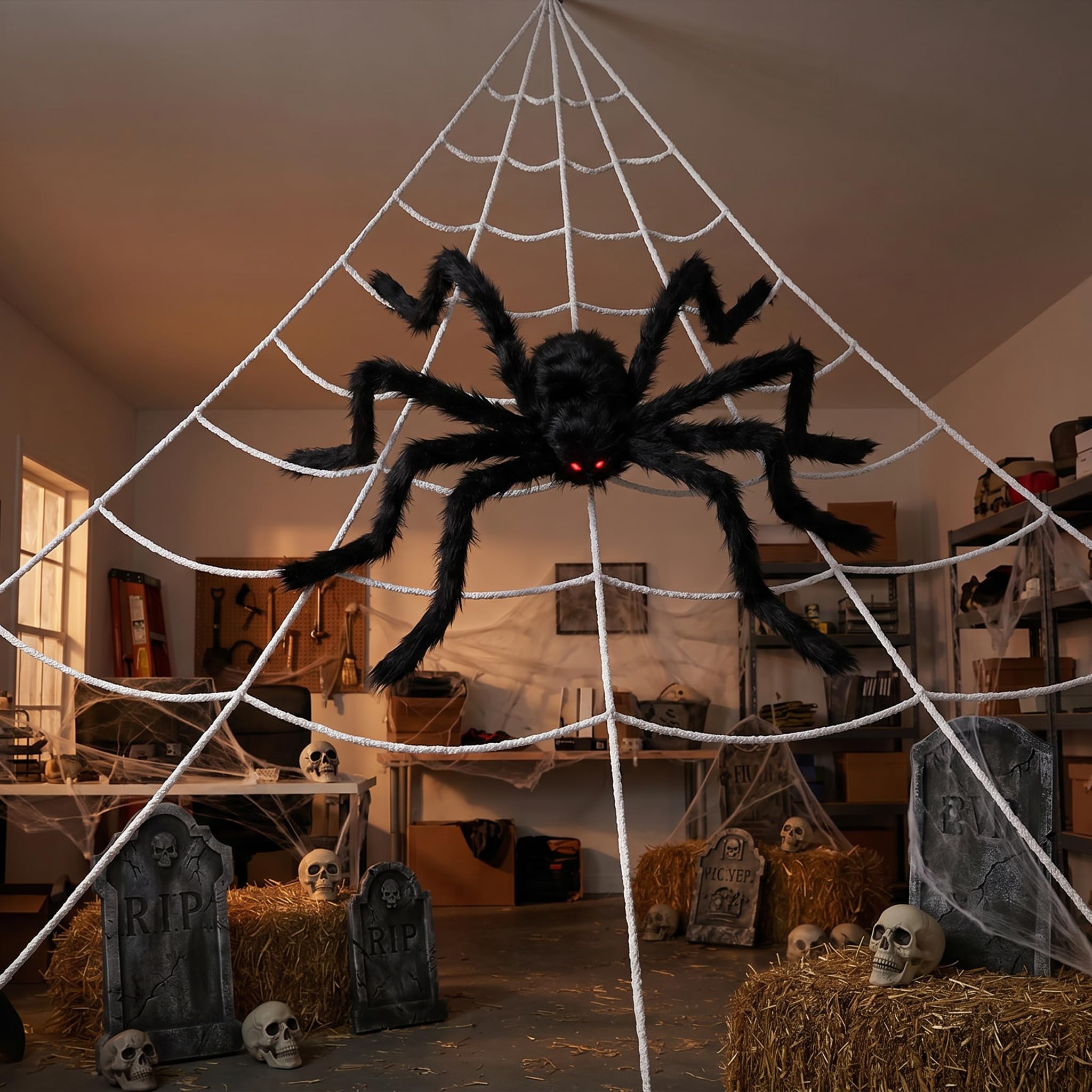 Spider web and spider set displayed on a porch for Halloween