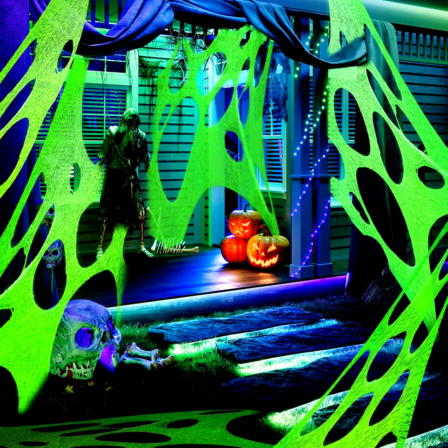 Spider web glowing in the dark under black light