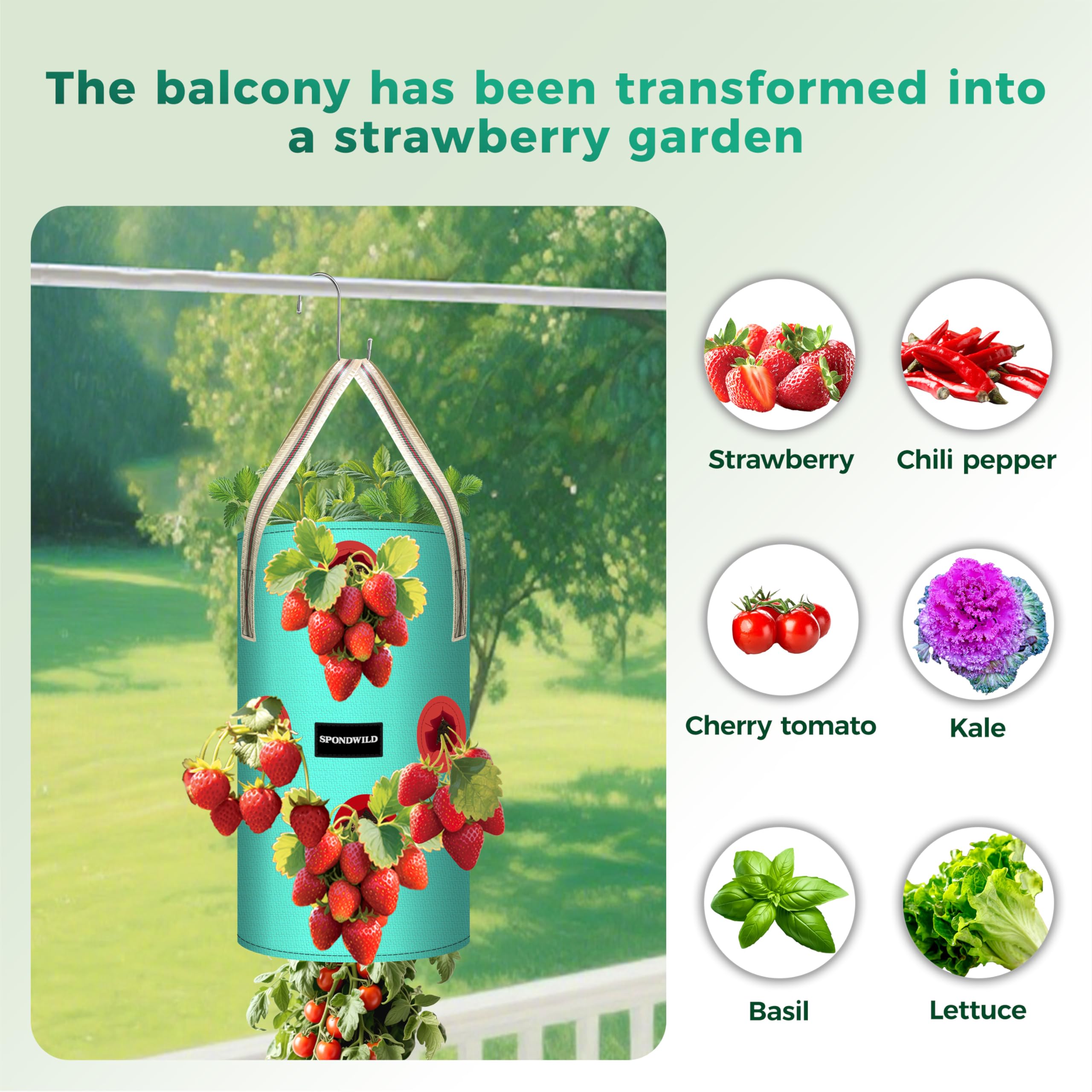 SPONDWILD Hanging Strawberry Planter Bag on a balcony