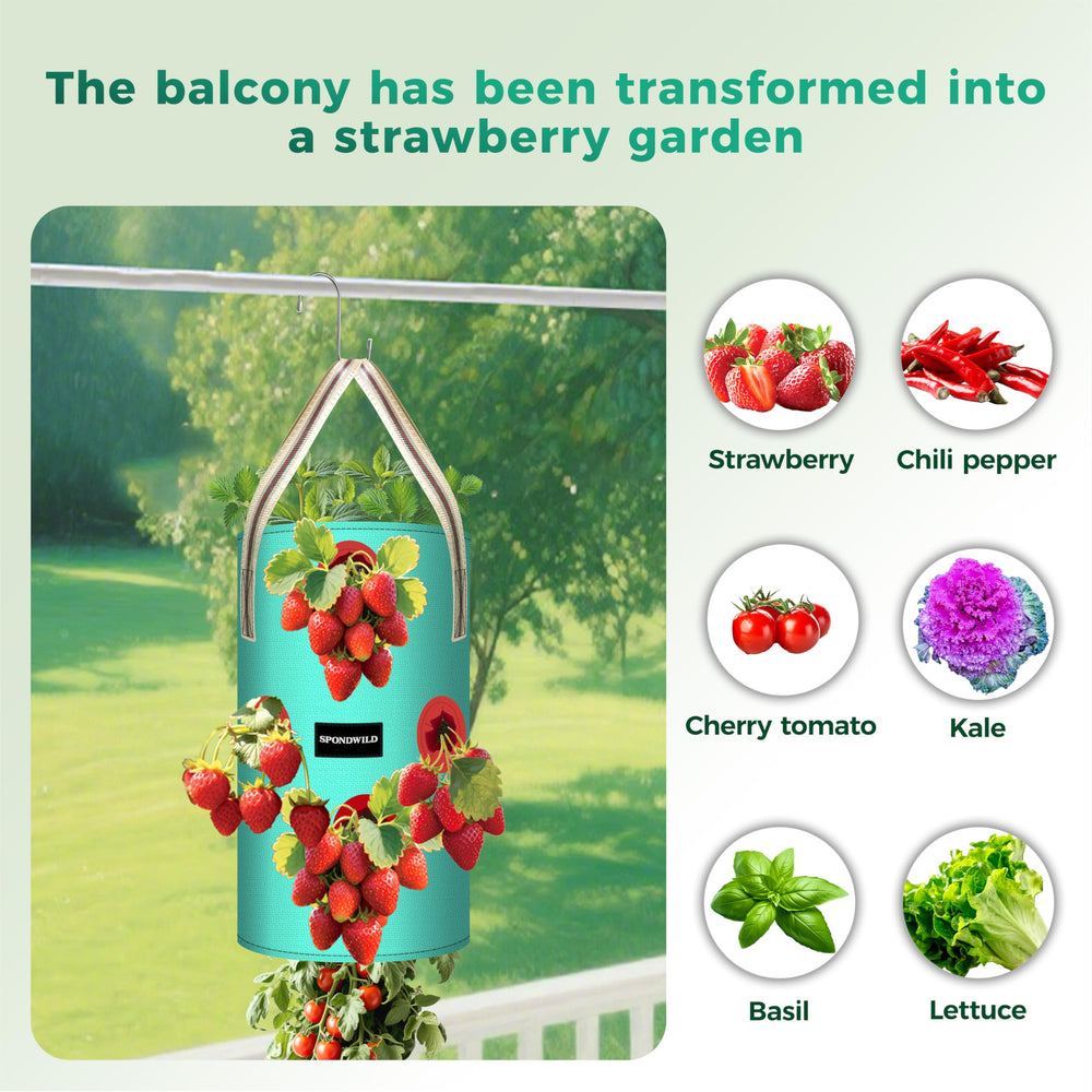 SPONDWILD Hanging Strawberry Planter Bag on a balcony
