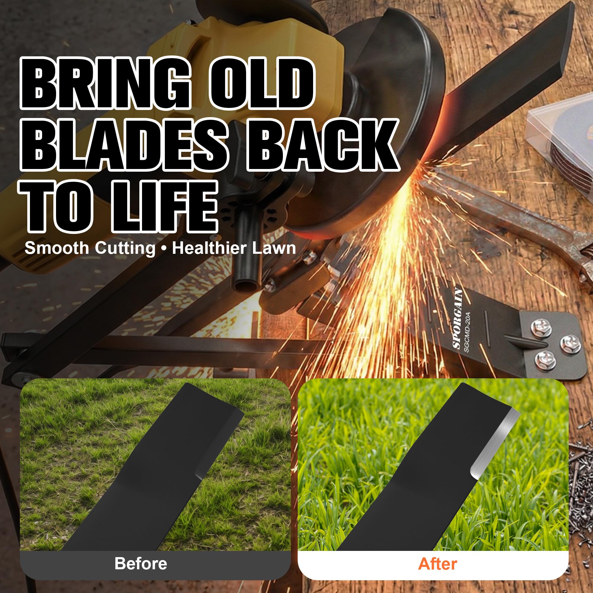 SporGain Lawn Mower Blade Sharpener in use with angle grinder