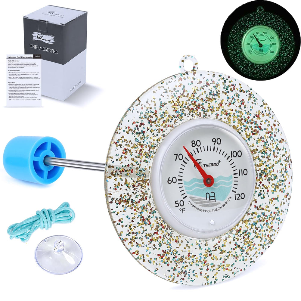 SPOROLWE Glitter Floating Pool Thermometer front view with colorful design