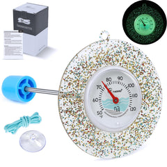 SPOROLWE Glitter Floating Pool Thermometer front view with colorful design
