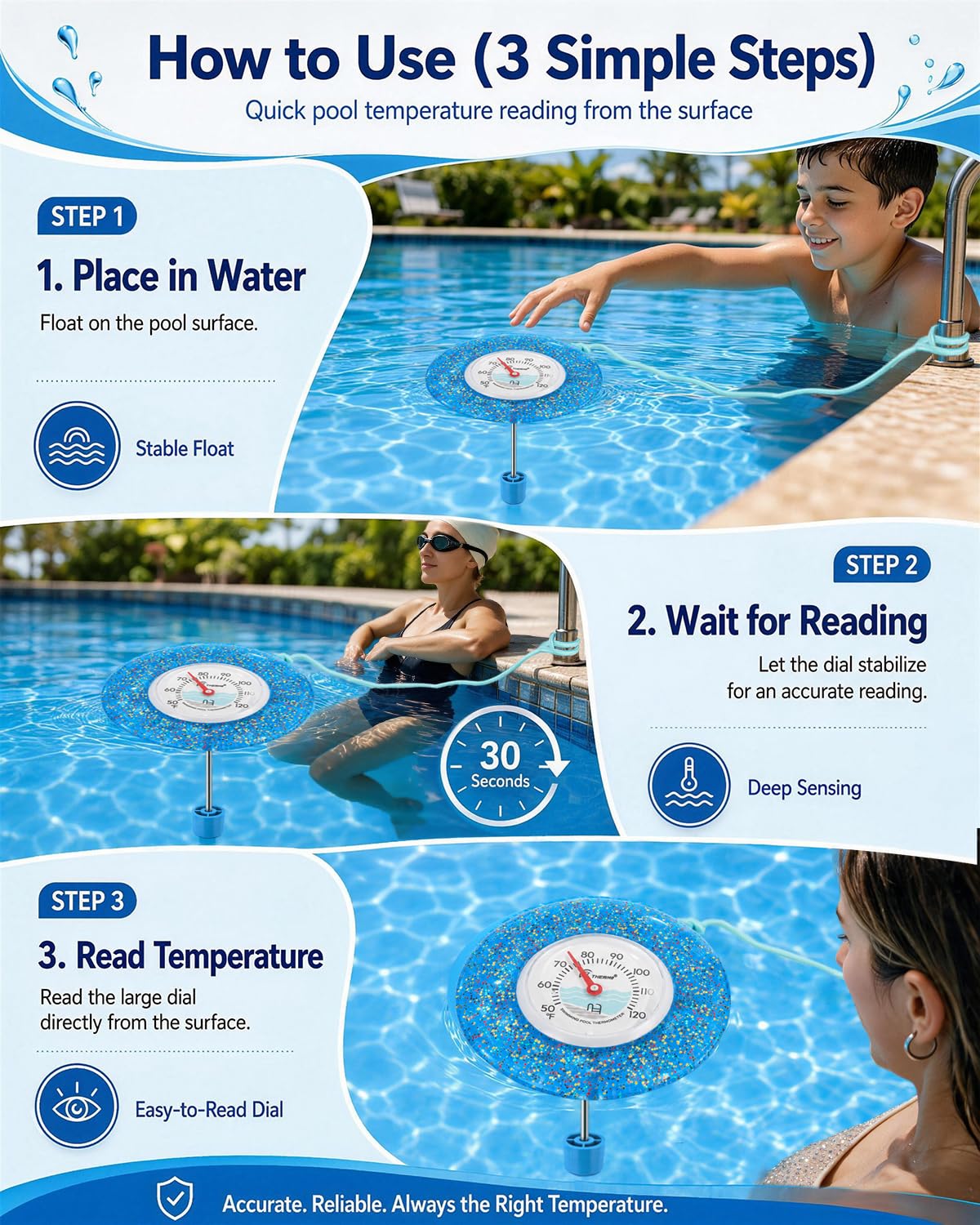 SPOROLWE Glitter Floating Thermometer in a swimming pool setting