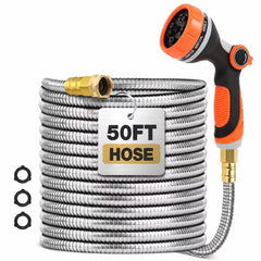 SPRIKIR Metal Garden Hose 50 ft with ergonomic nozzle