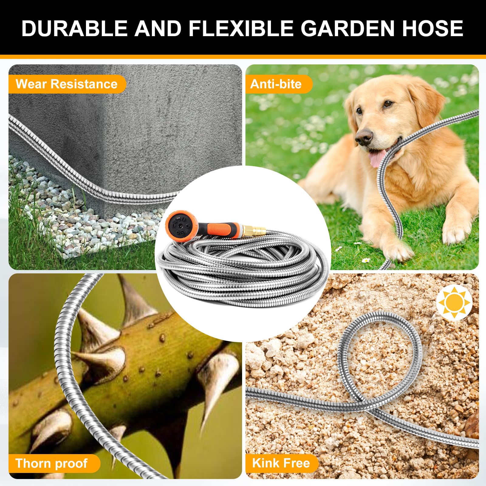SPRIKIR Metal Garden Hose rolled up for easy storage