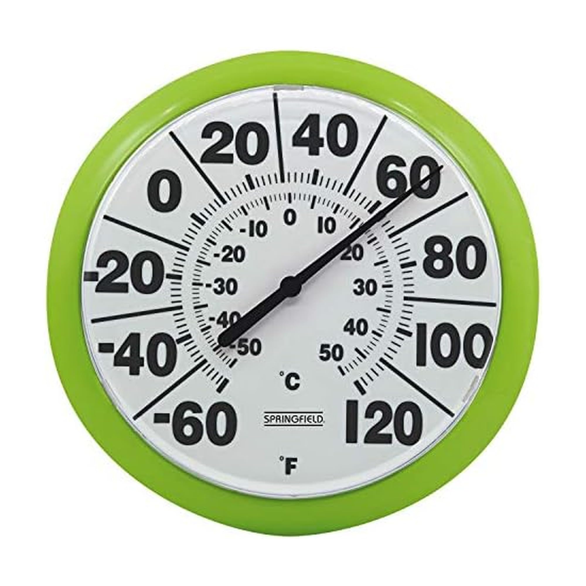 Springfield Indoor Outdoor Big and Bold Dial Thermometer front view, 8 inches, green