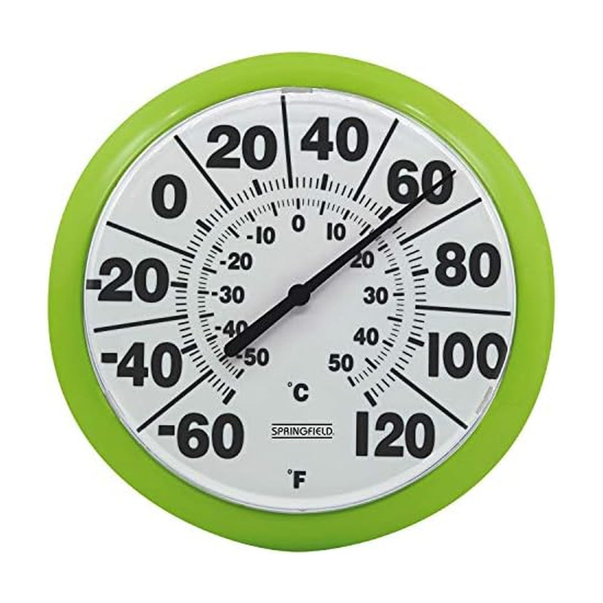 Springfield Indoor Outdoor Big and Bold Dial Thermometer front view, 8 inches, green